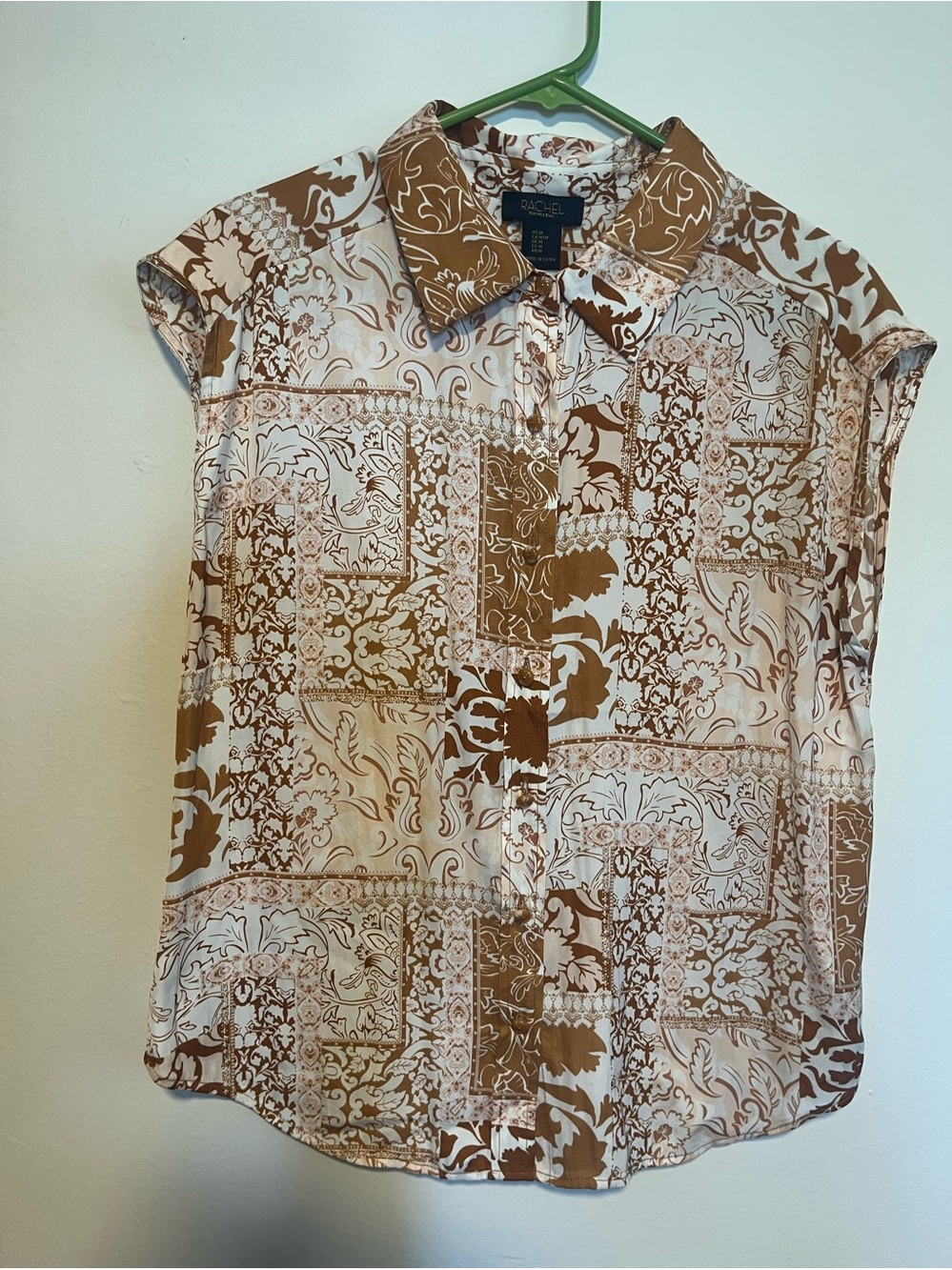RACHEL Rachel Roy Brown & Cream Printed Short Sleeve Button-Down Shirt